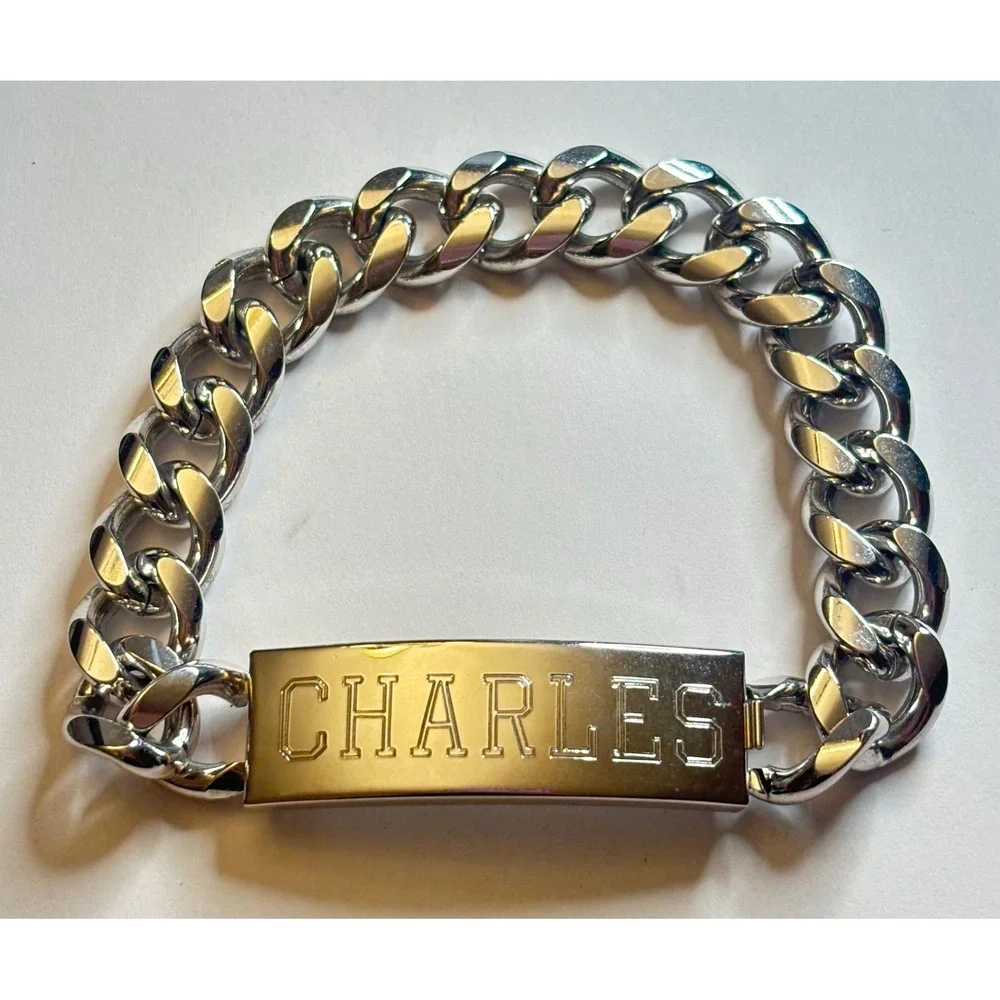 Vintage Speidel Charles ID Bracelet Rhodium Electroplated Curb Chain Silver Tone